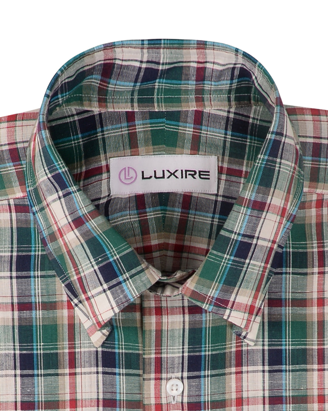 Collar of custom linen shirt for men in red green navy and white by Luxire Clothing