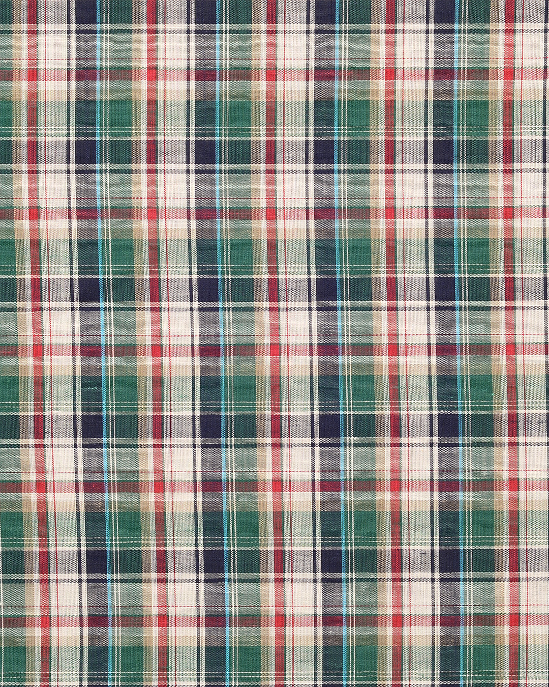 Close up of custom linen shirt for men in red green navy and white by Luxire Clothing