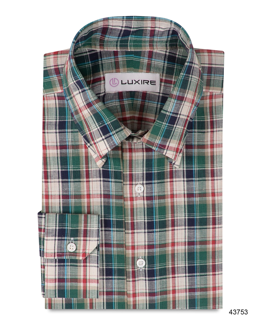 Front of custom linen shirt for men in red green navy and white by Luxire Clothing