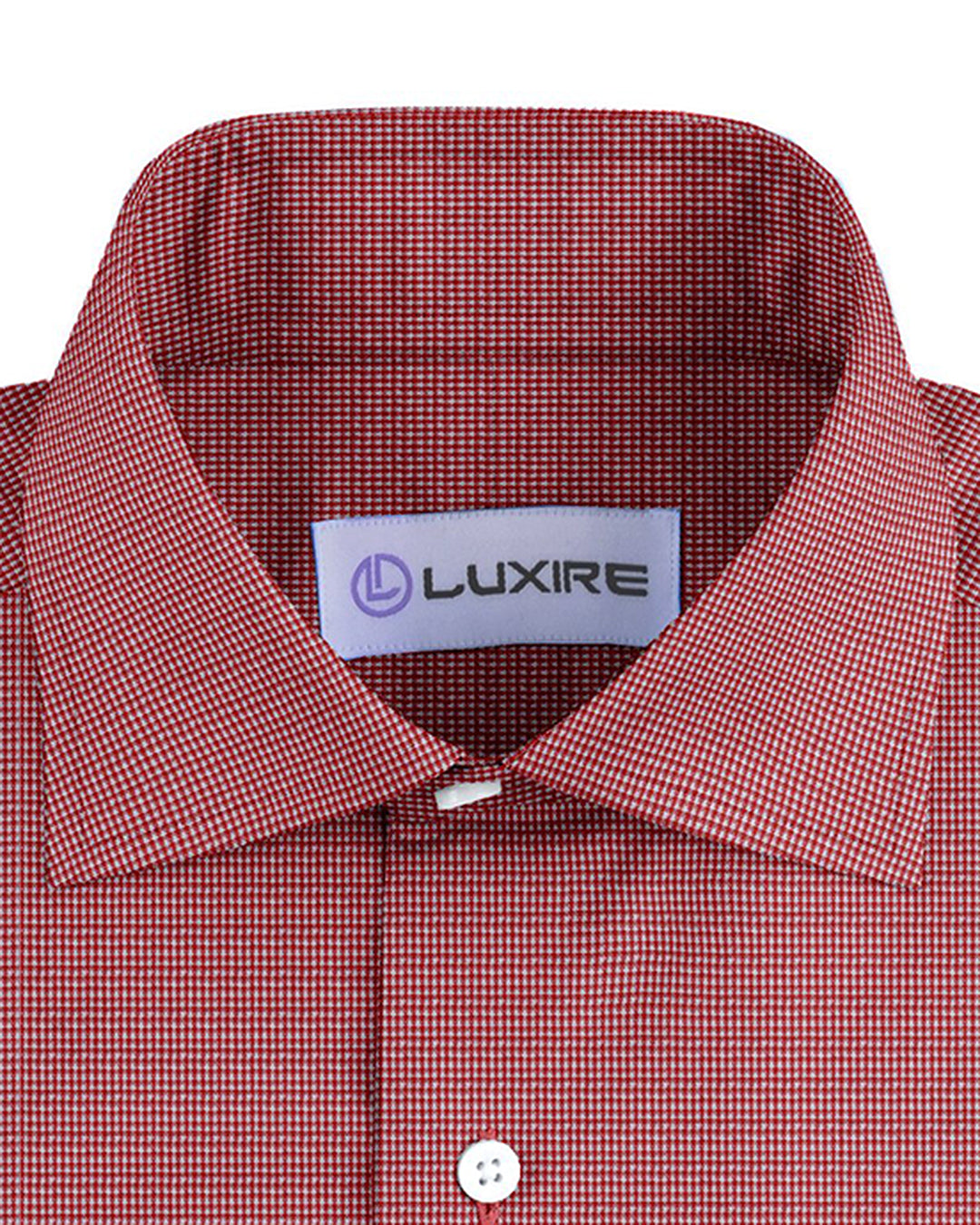 Collar of the custom linen shirt for men in red and white checks by Luxire Clothing