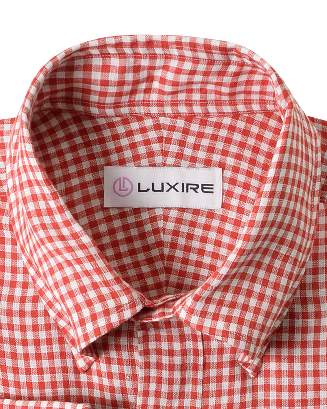Collar of the custom linen shirt for men in red and white gingham checks by Luxire Clothing