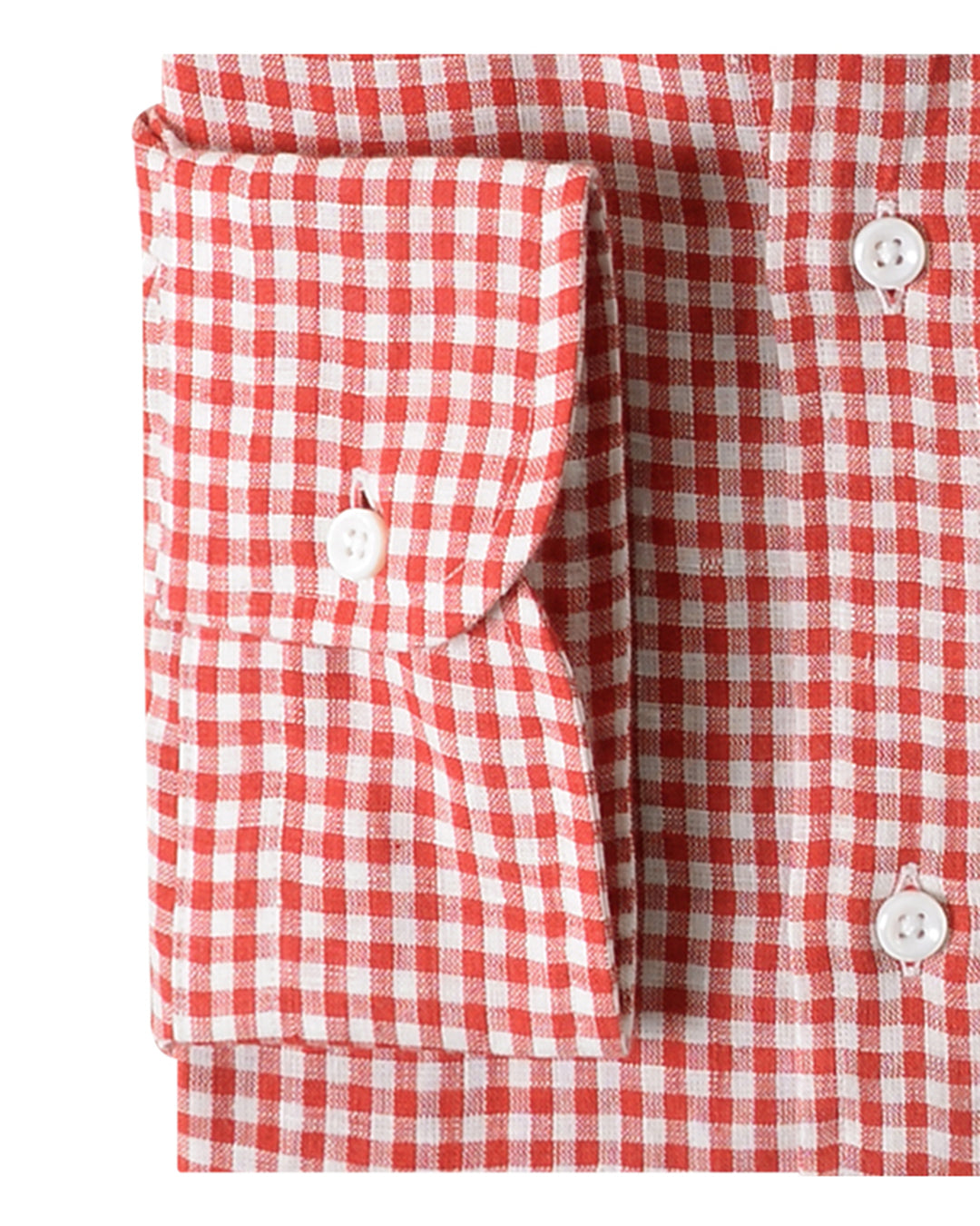 Cuff of the custom linen shirt for men in red and white gingham checks by Luxire Clothing