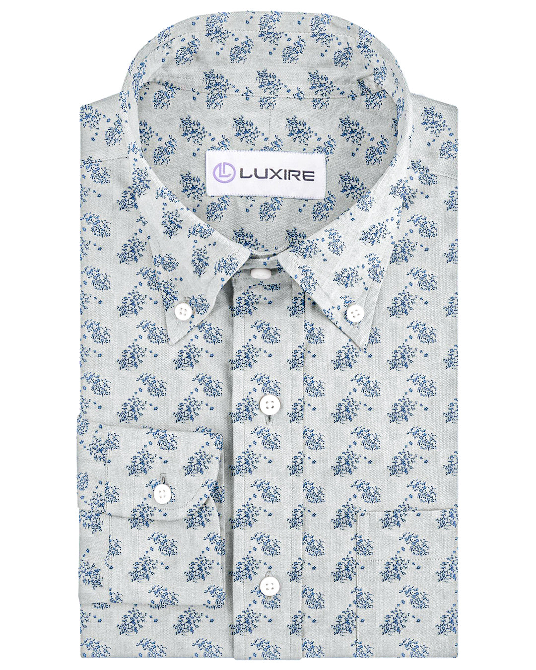 Front view of custom linen shirt for men in pale blue printed shrubs