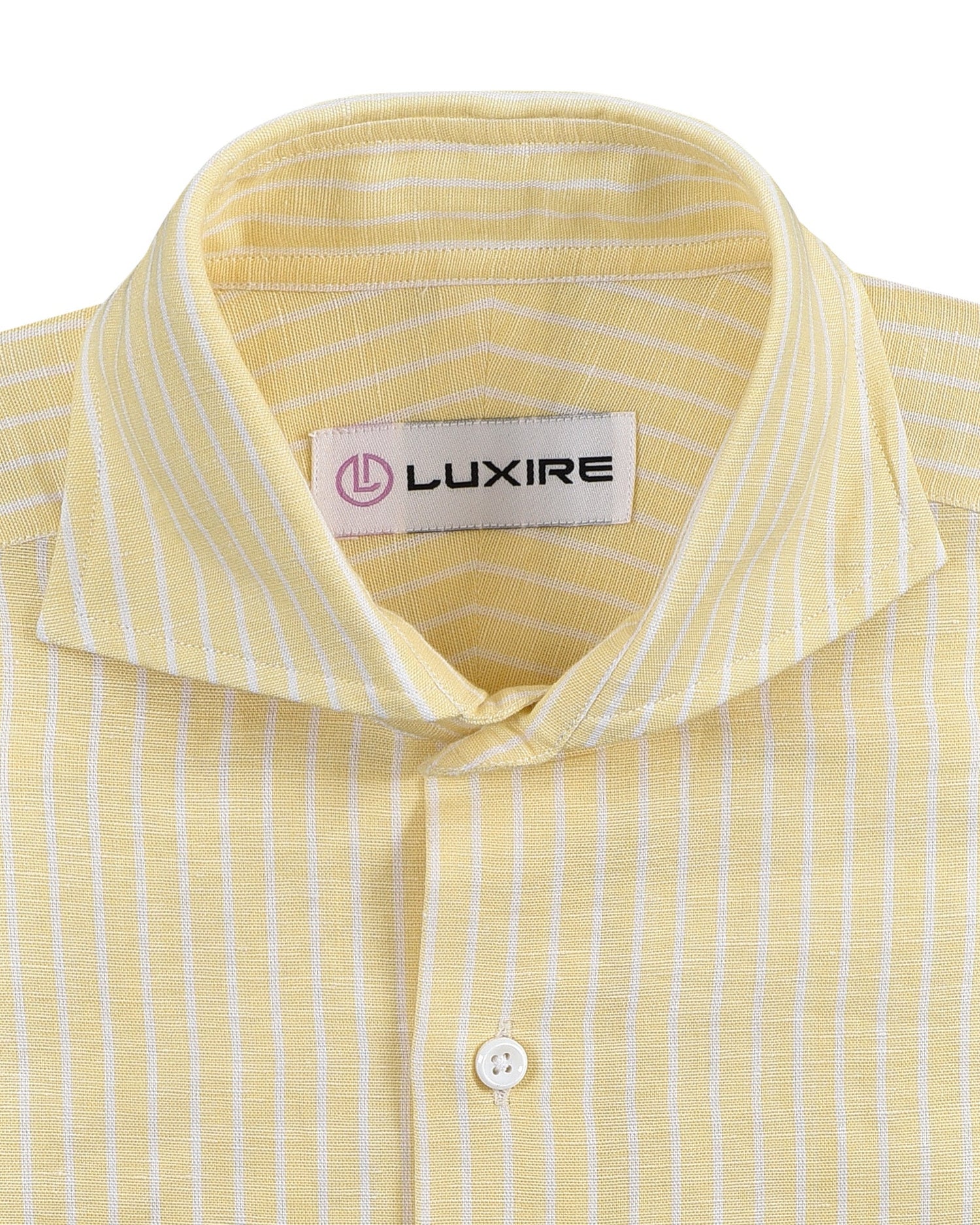 Collar of the custom linen shirt for men in pastel yellow with white stripes by Luxire Clothing