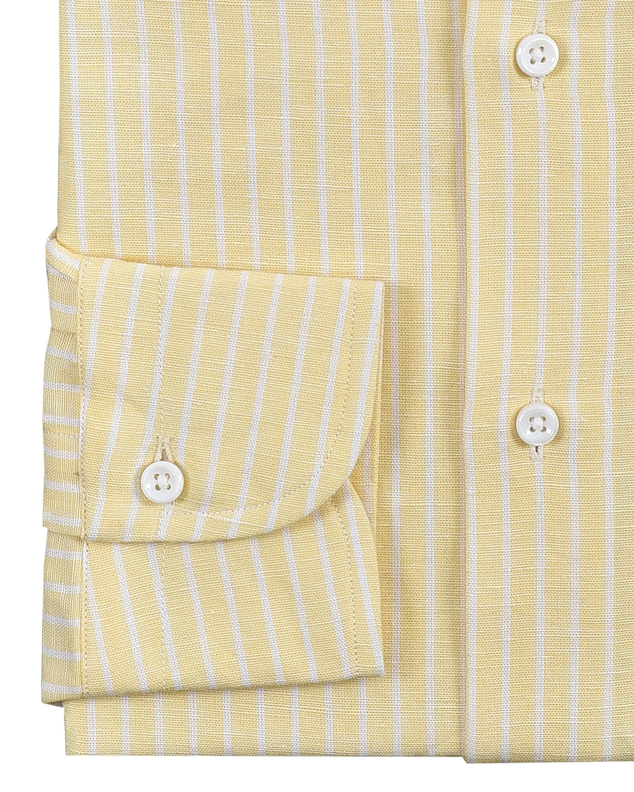 Cuff of the custom linen shirt for men in pastel yellow with white stripes by Luxire Clothing