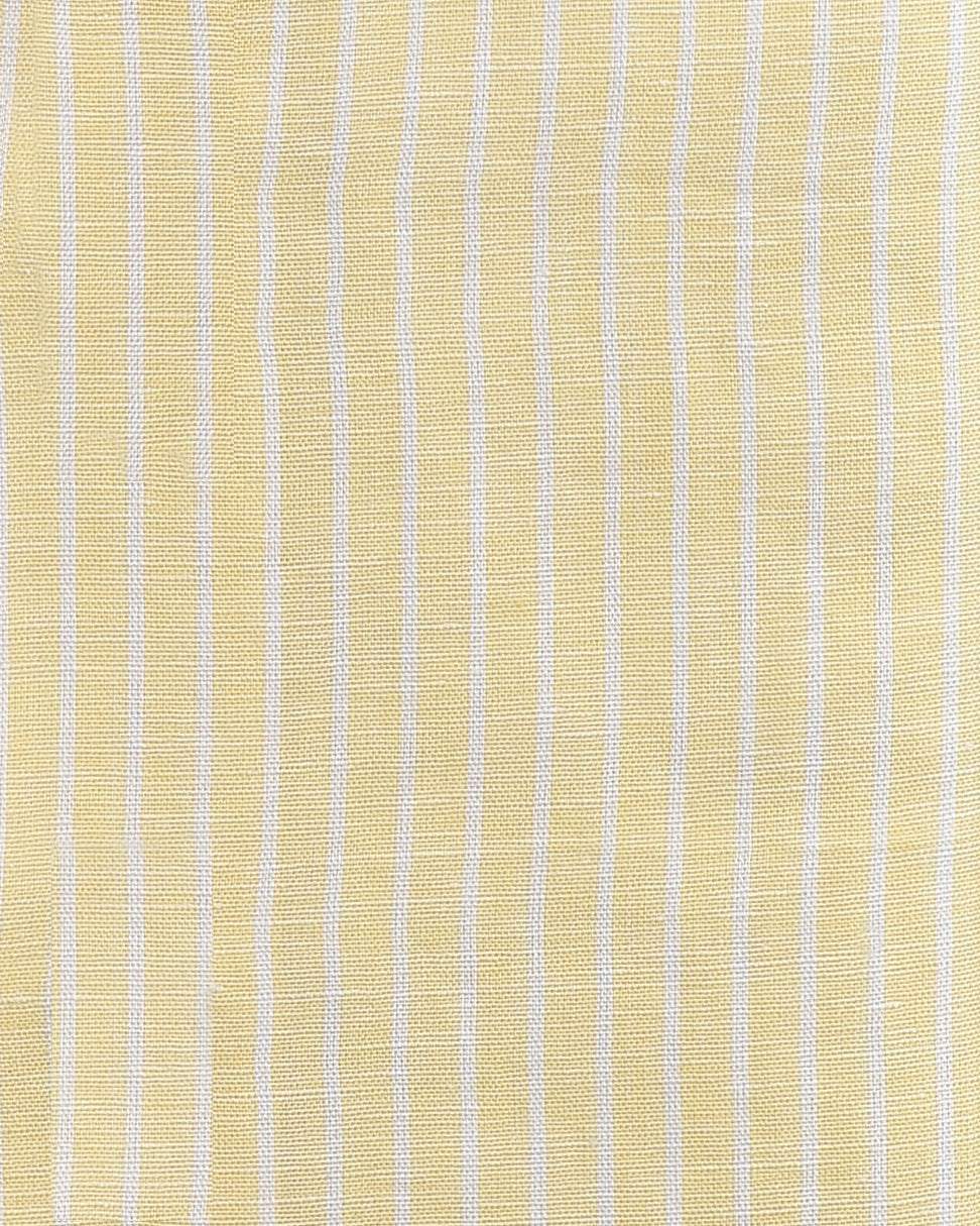 Close up of the custom linen shirt for men in pastel yellow with white stripes by Luxire Clothing