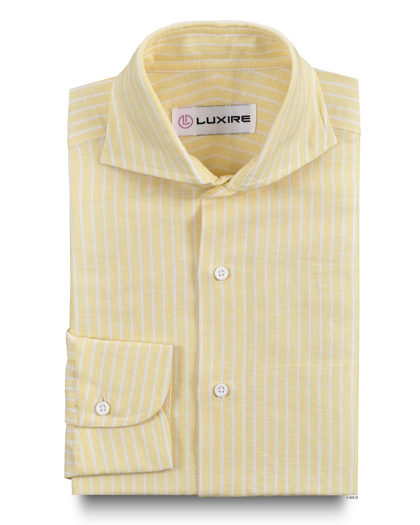 Front of the custom linen shirt for men in pastel yellow with white stripes by Luxire Clothing