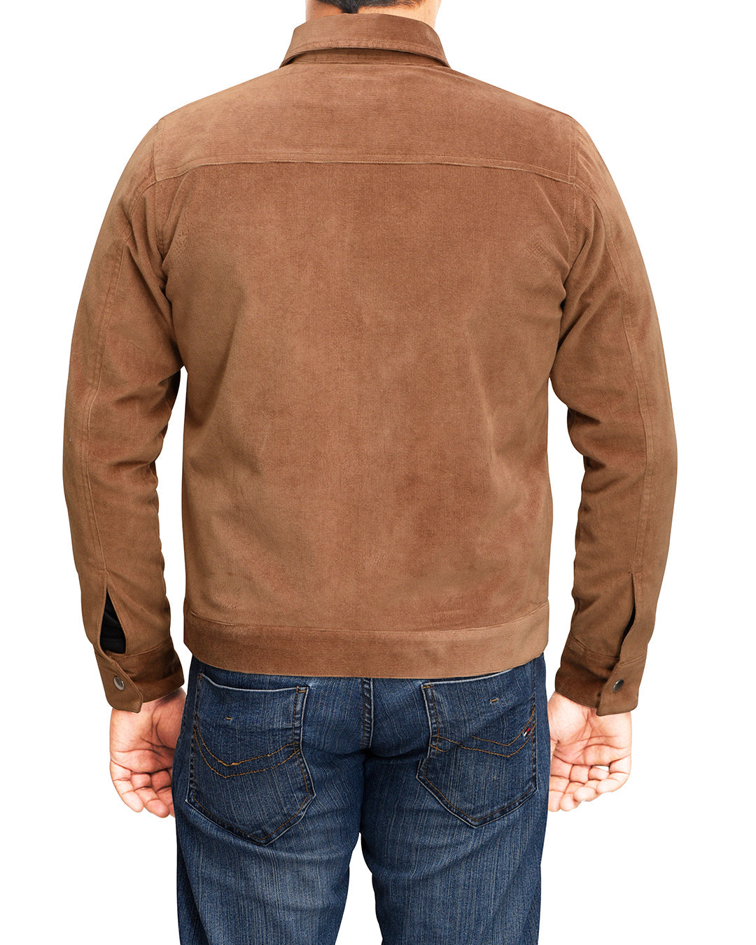 Back of model wearing the cord shirt jacket for men by Luxire in light brown
