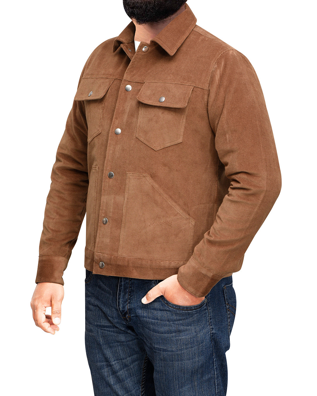 Model wearing the cord shirt jacket for men by Luxire in light brown one hand in pocket