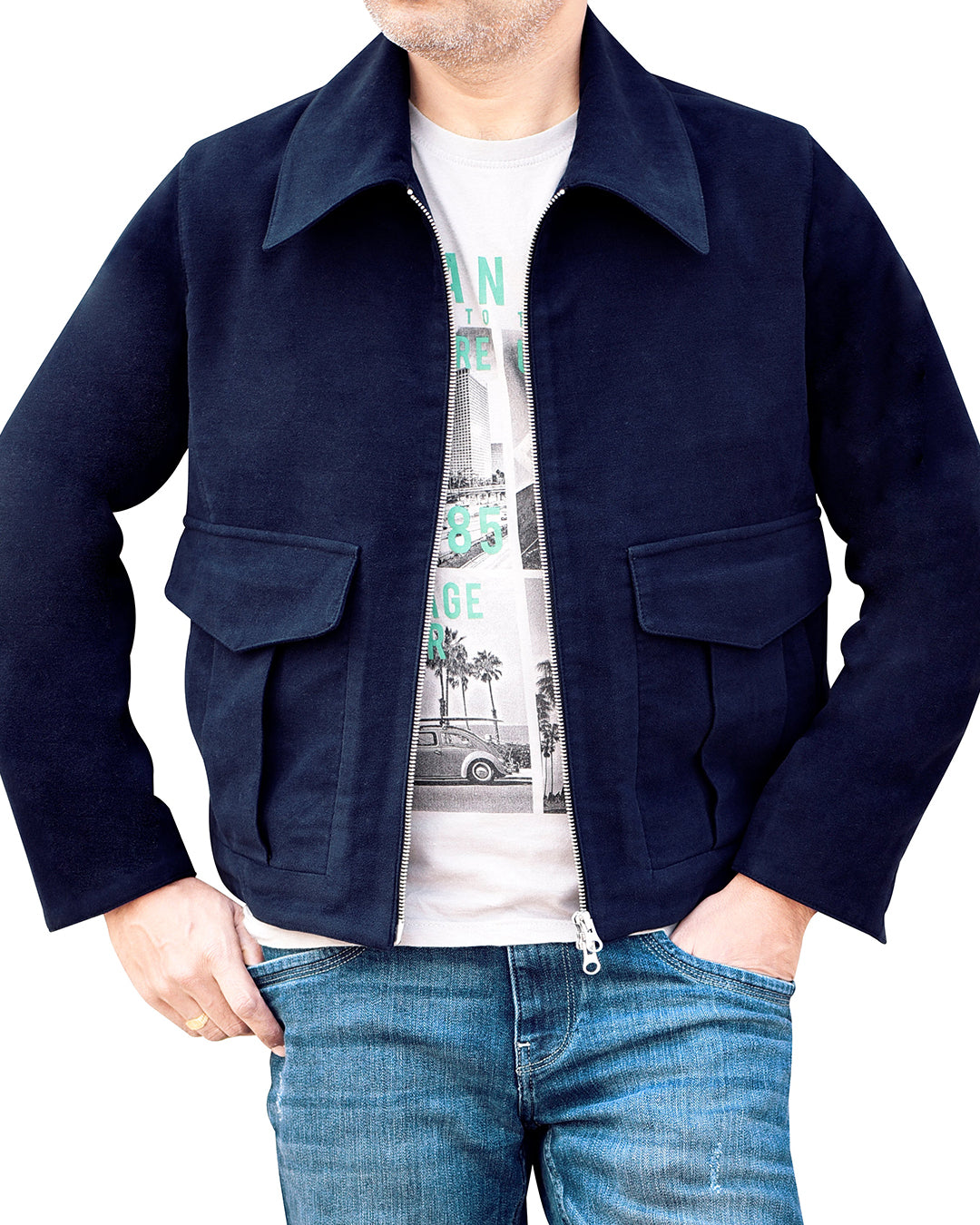 Model wearing the moleskin shirt jacket for men by Luxire in dark blue