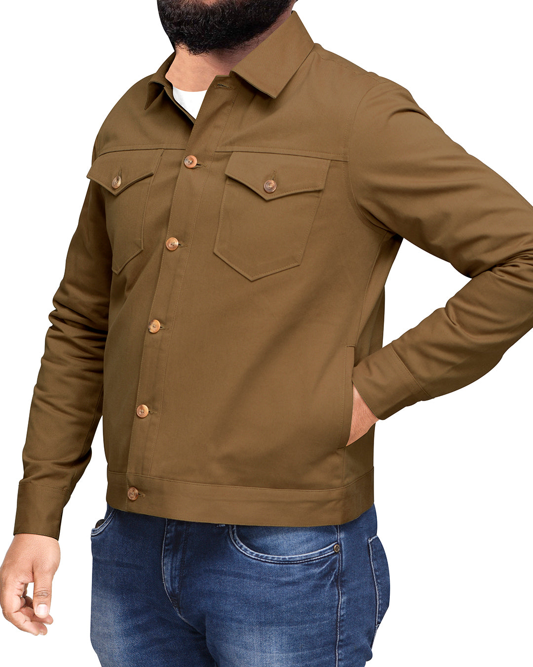 Model wearing the twill shirt jacket for men by Luxire in khaki hand on side