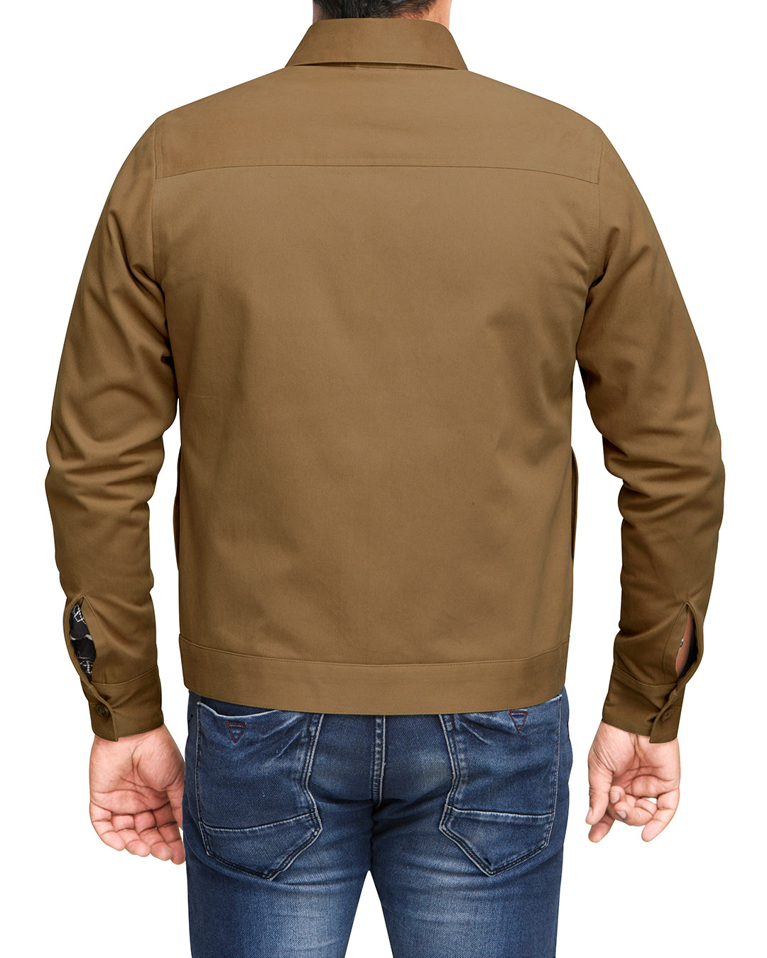 Back of model wearing the twill shirt jacket for men by Luxire in khaki