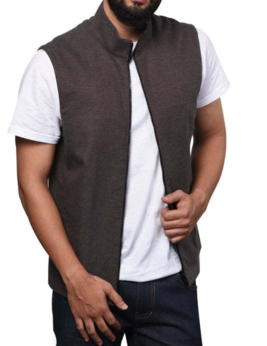 Model wearing wool flannel vest for men by Luxire in mahagony brown