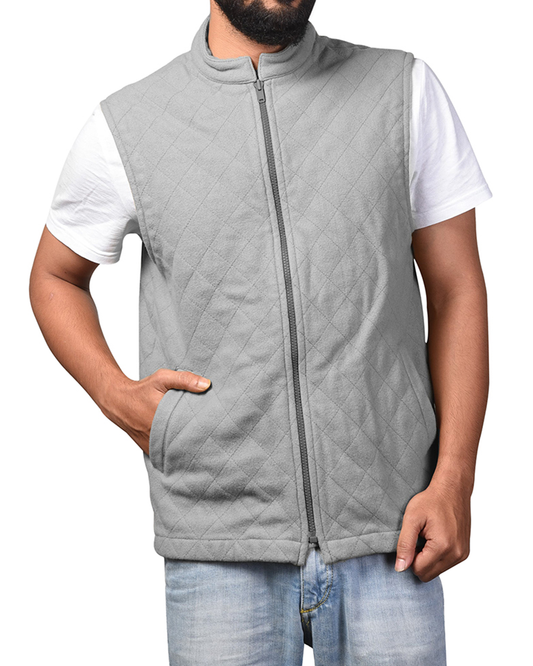 Model wearing the wool flannel vest for men by Luxire quilted in grey
