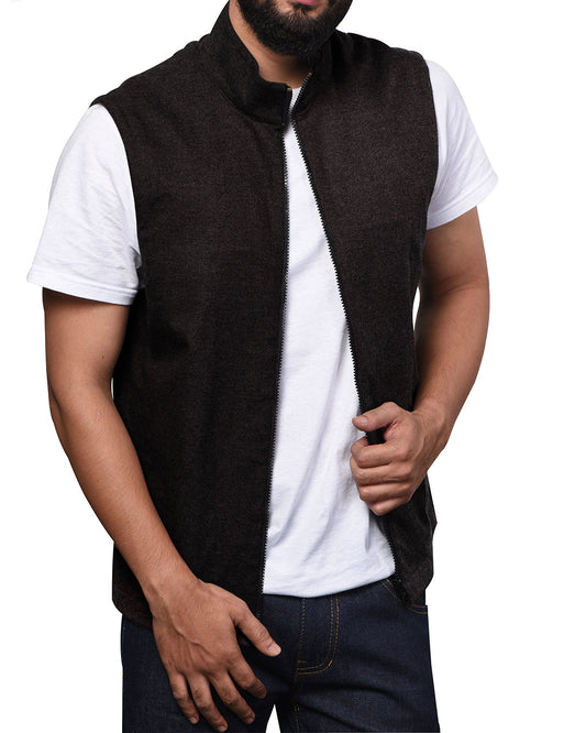 Model wearing the wool flannel vest for men by Luxire in charcoal grey