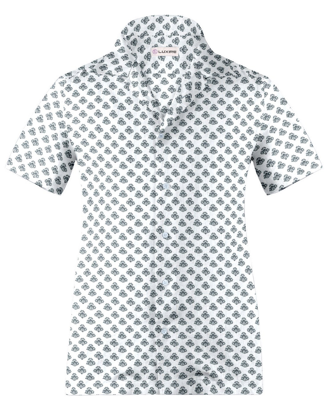 Camp collar PRESET STYLE in Linen:Black Flowers Printed on White Linen