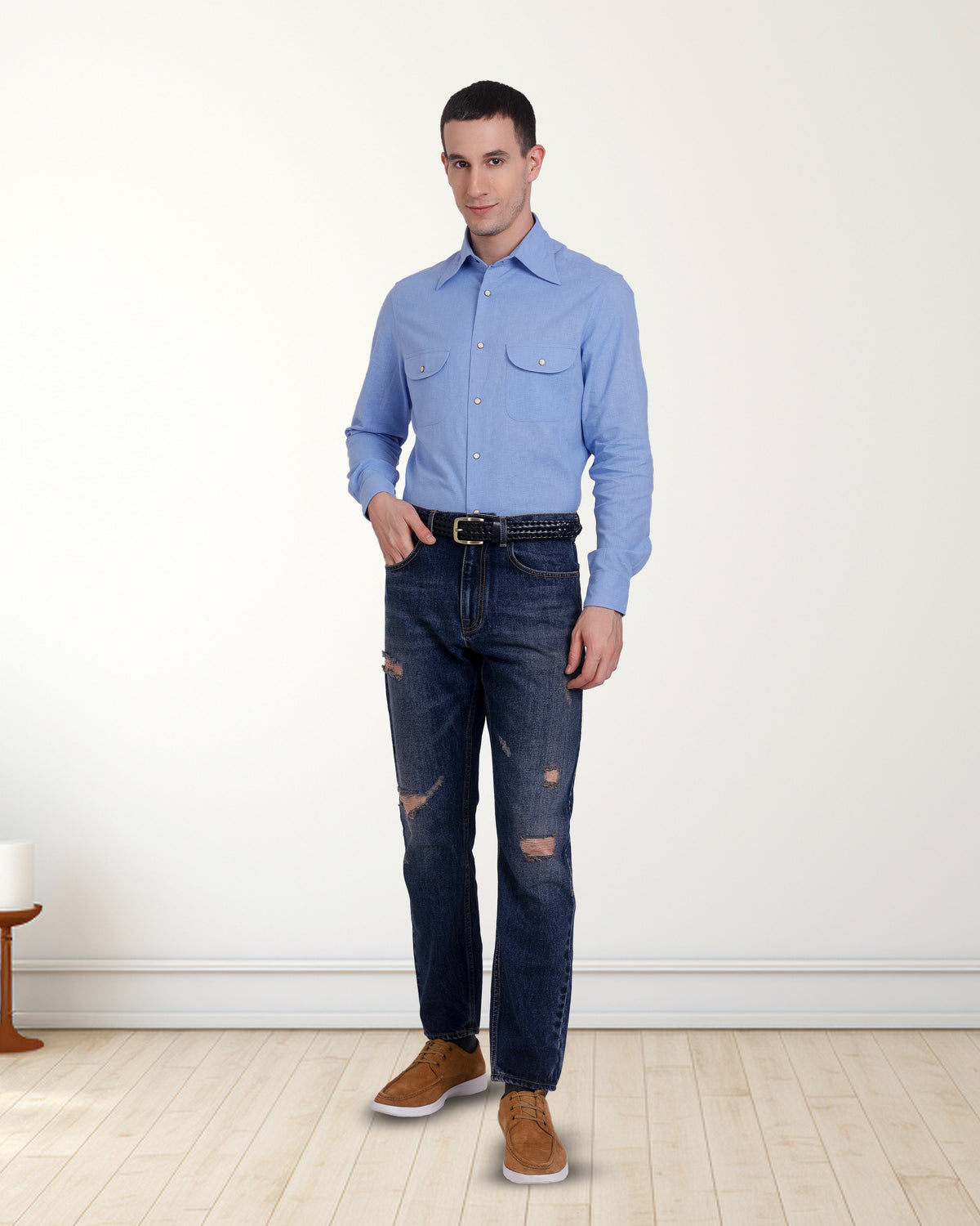 Faded Medium Indigo Washed Distressed Jeans - 2