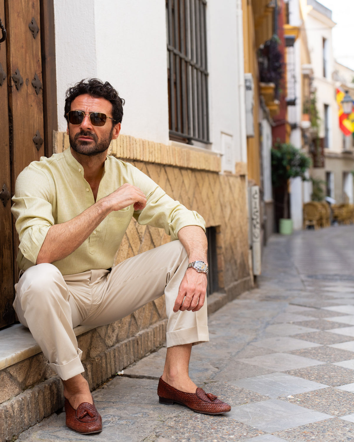 Light Olive Green Slub Linen Summer Shirt - 7