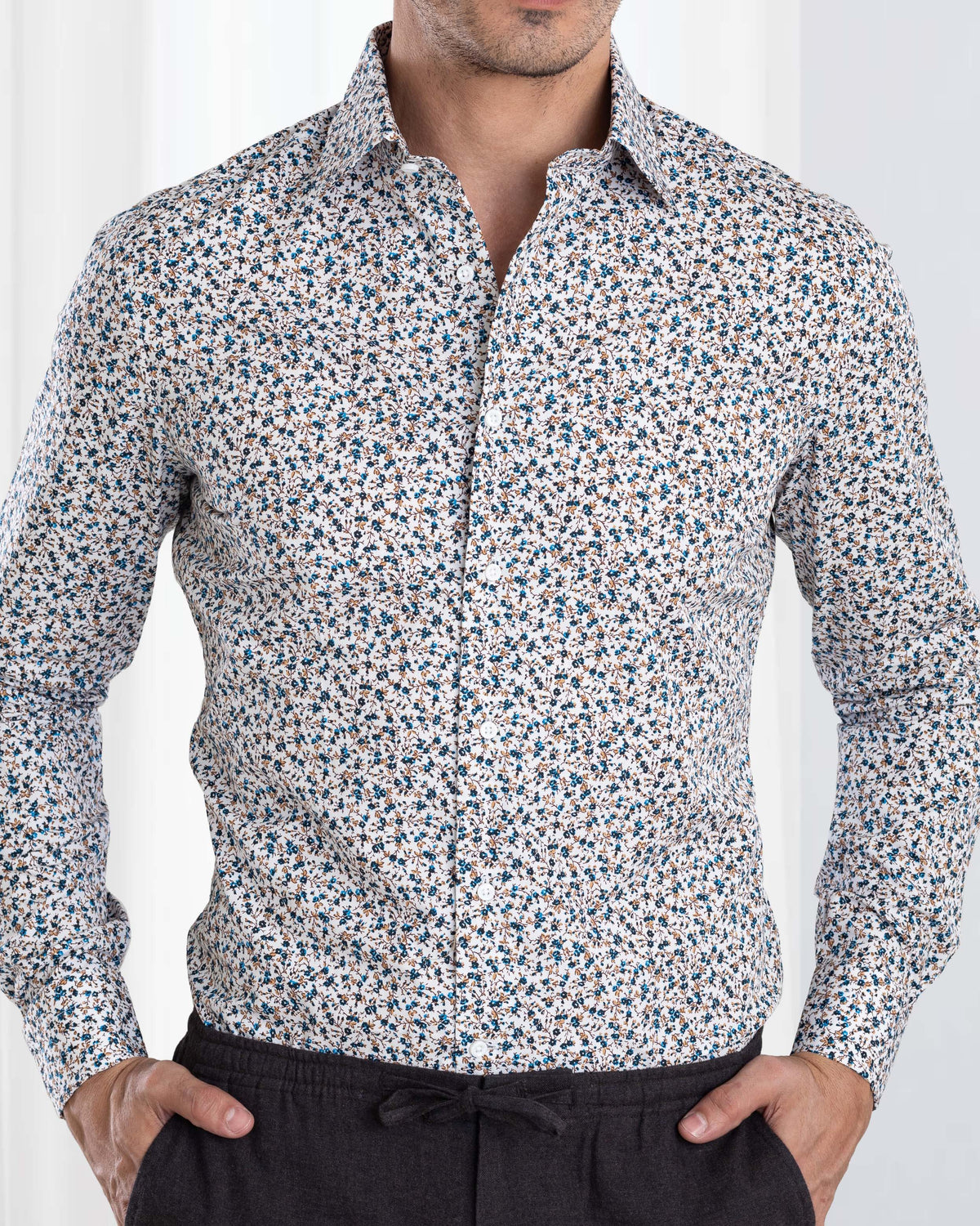 Blue Fine Floral Prints on White Shirt - 1
