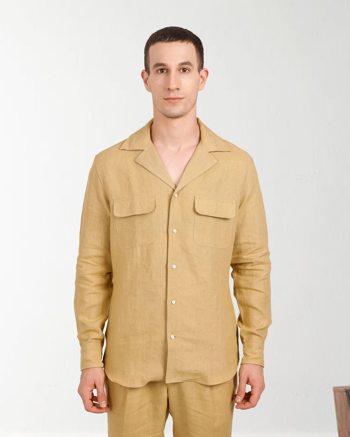 Camp Collar Shirt in Goldish Yellow Linen - 2
