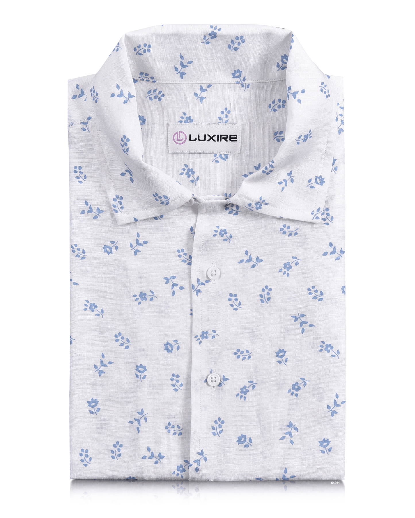 Linen: Pale Blue Printed Leaves On White