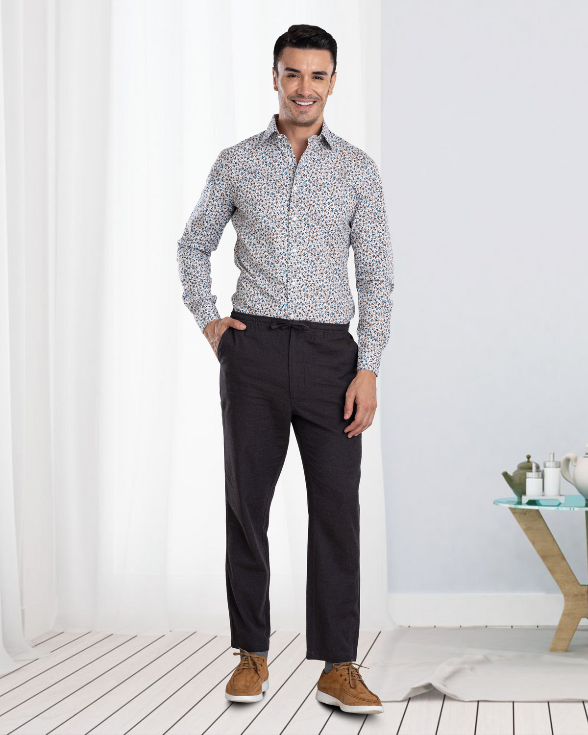 Blue Fine Floral Prints on White Shirt - 4