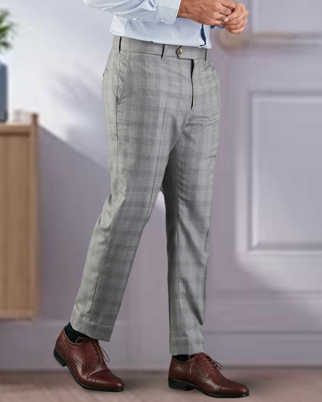 Drago: Super 160s Light Grey Prince of Wales Checks Dress Pant - 1