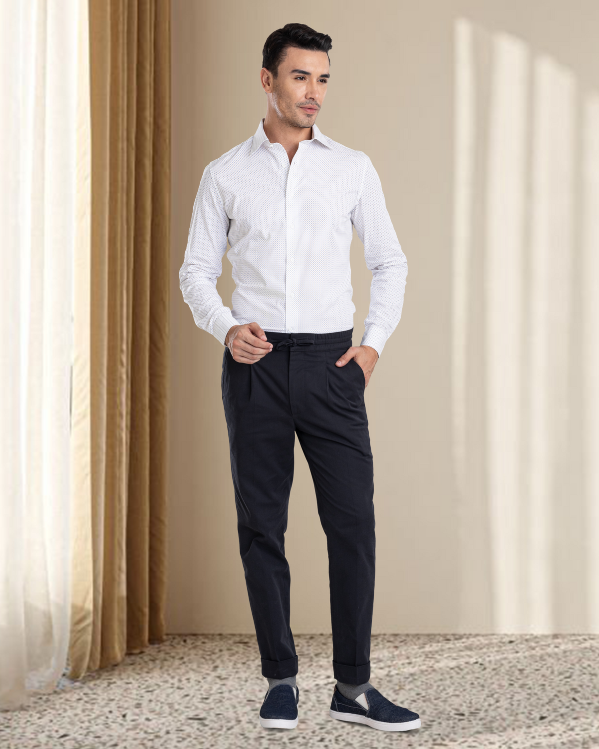 Charcoal Grey Birds Eye Drawstring Pant - 3