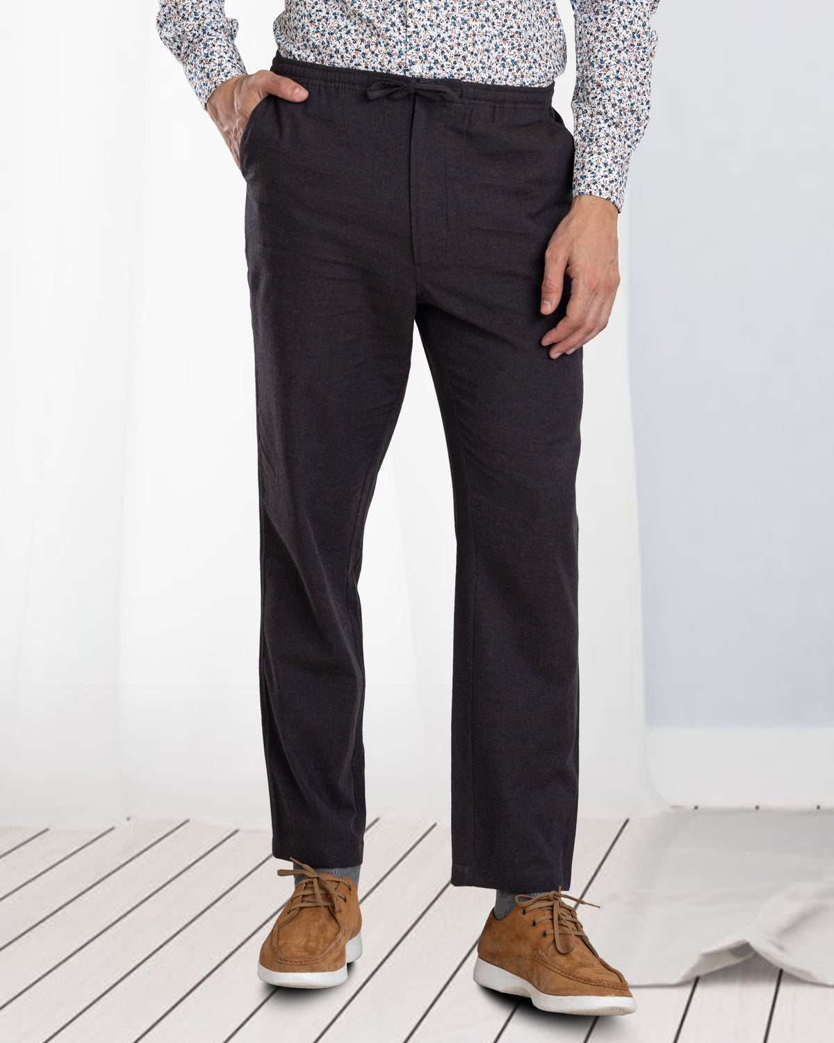 Charcoal Grey Milange Cotton Flannel Drawstring Pant - 1