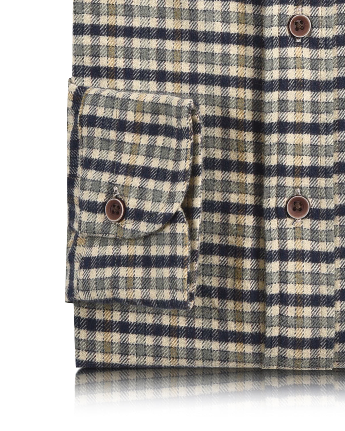Navy Green Tattersall On Beige Flannel Work Shirt - 3