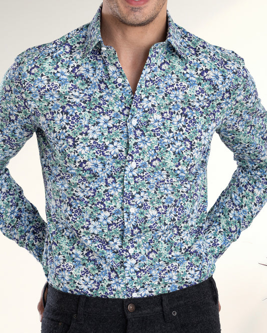 Ultramarine Blue Green prints on White Shirt