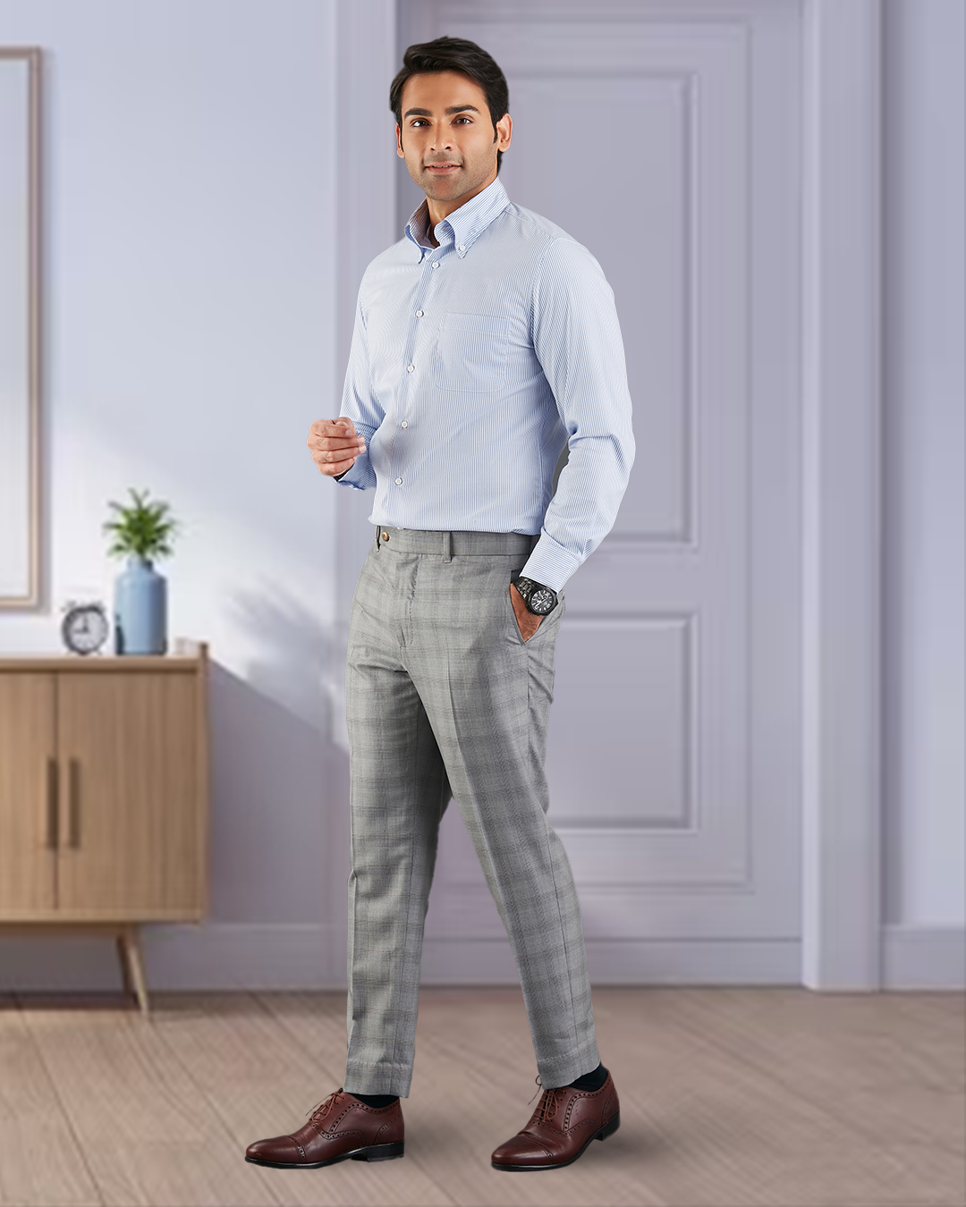 Drago: Super 160s Light Grey Prince of Wales Checks Dress Pant - 2