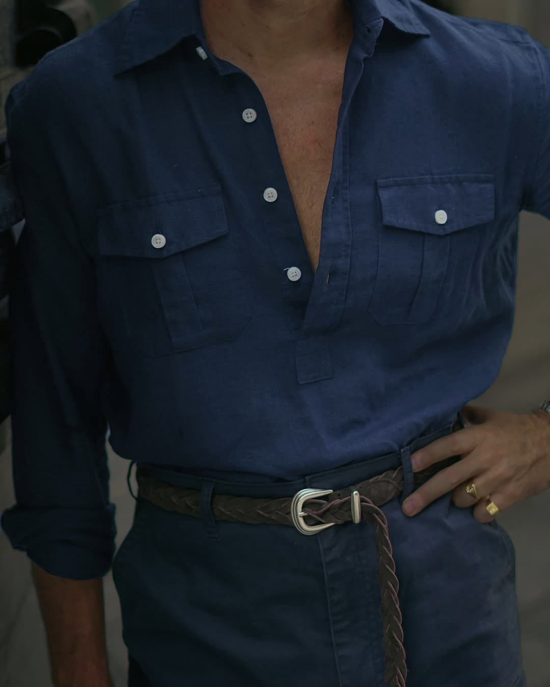 Navy Blue Linen Summer Shirt - 2