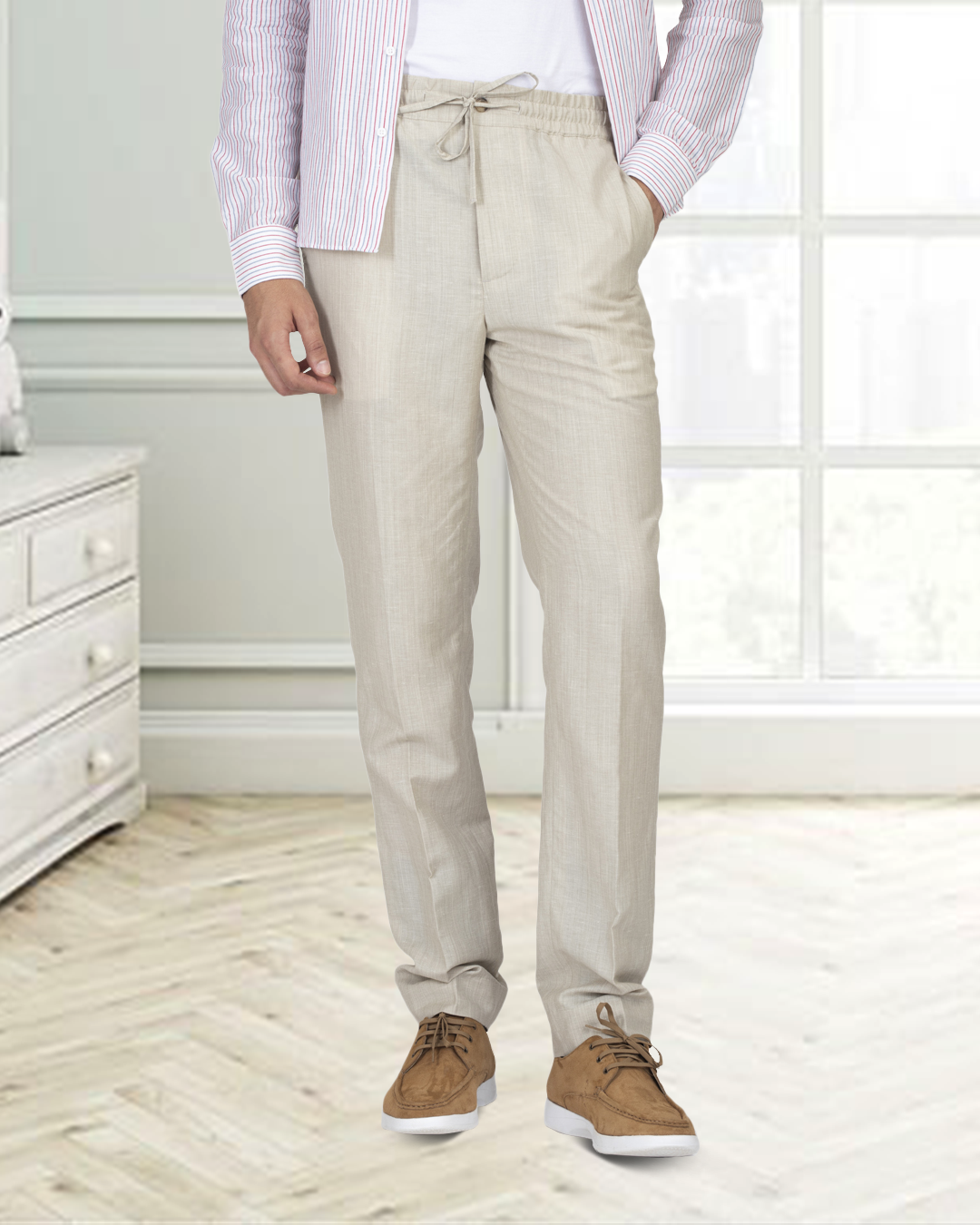 VBC: Ecru Wool-Linen Drawstring Pant - 1
