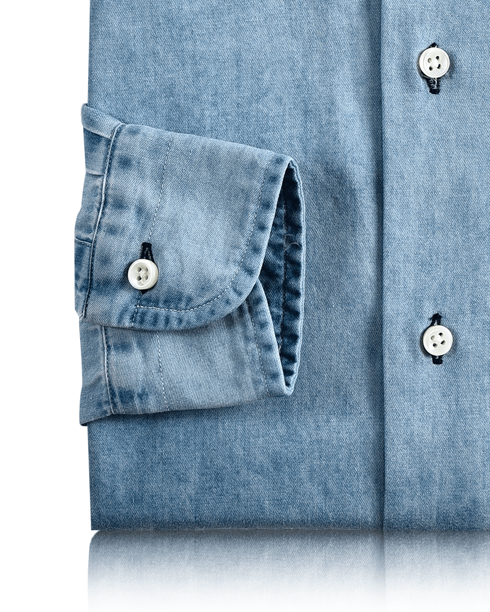 Fade Washed Light Blue Denim Chambray Shirt - 13