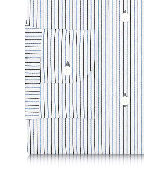 Cotton Linen: Black Blue Alternate stripes On White