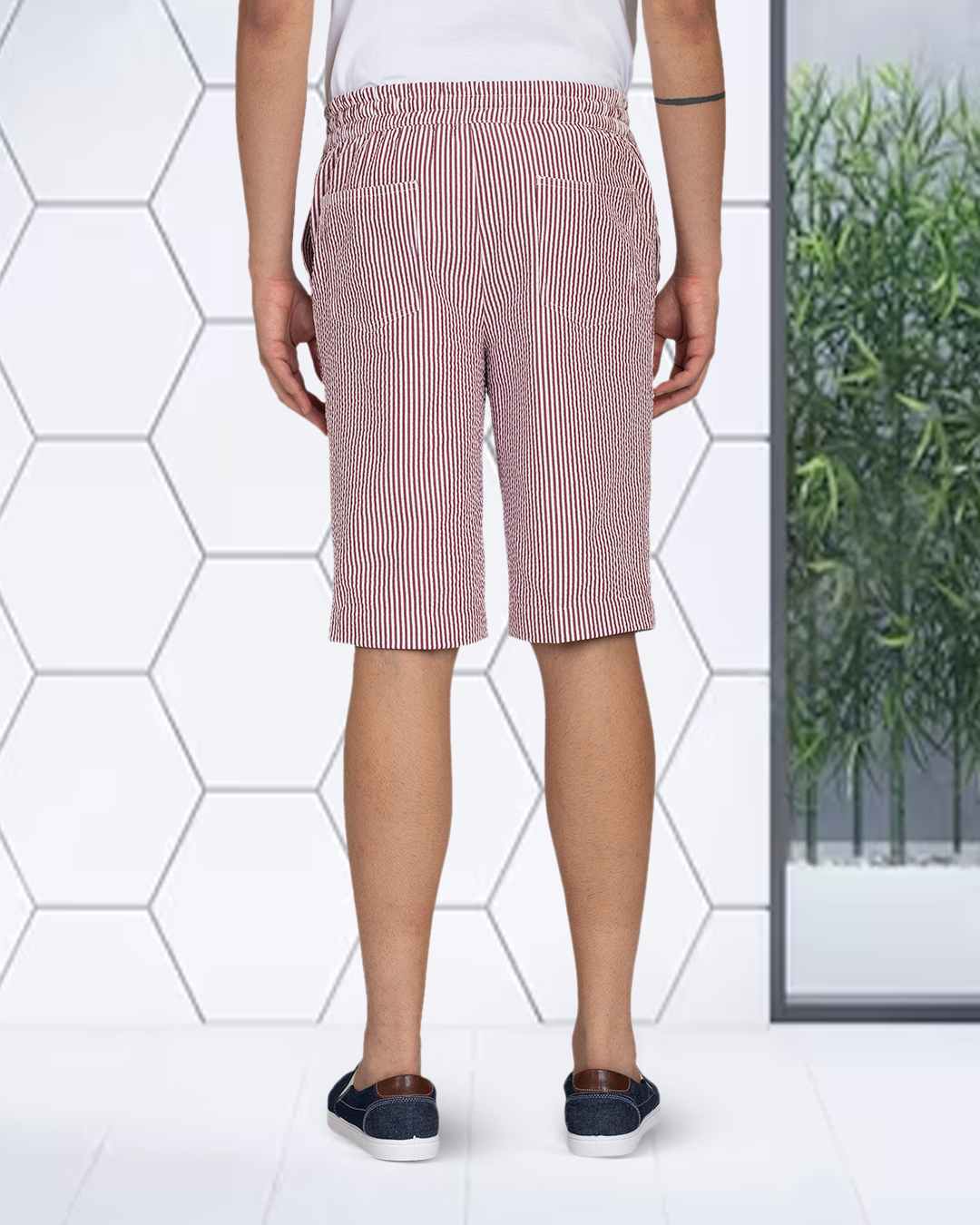 Rose Red White Bengal Stripes Seersucker Shorts - 5