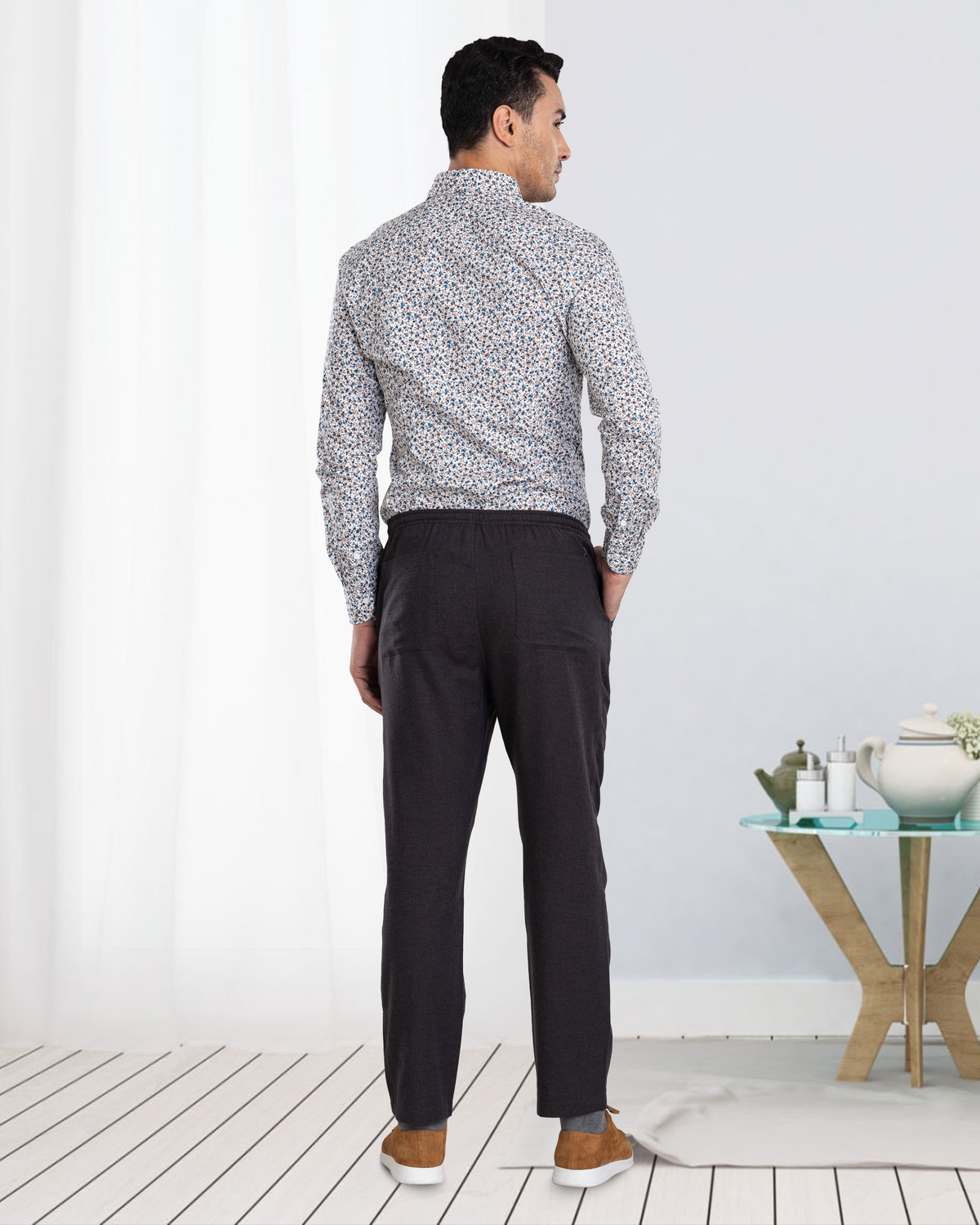 Charcoal Grey Milange Cotton Flannel Drawstring Pant - 6