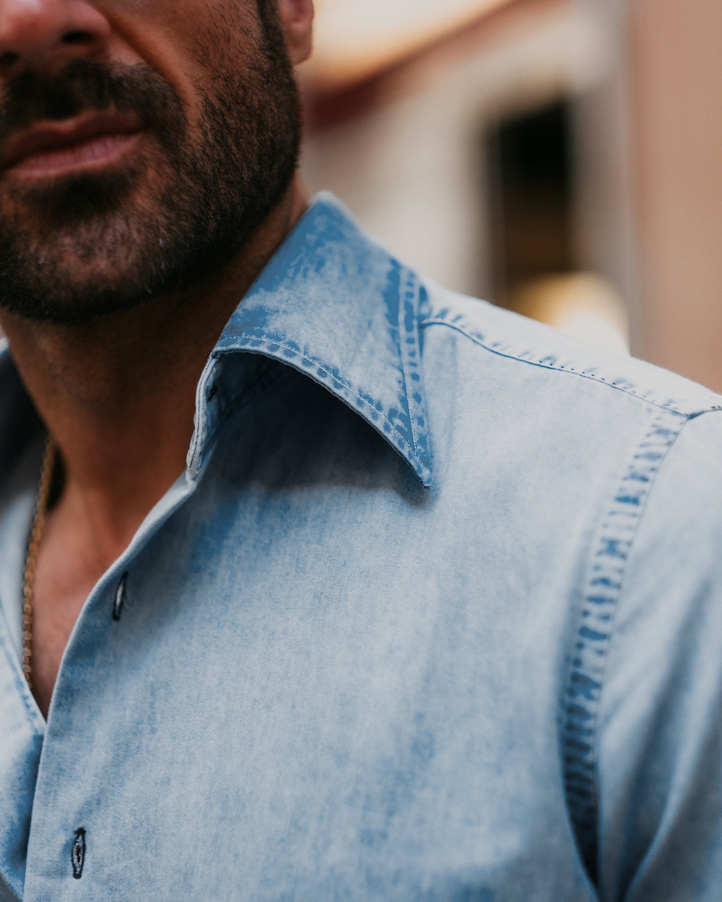 Fade Washed Light Blue Denim Chambray Shirt