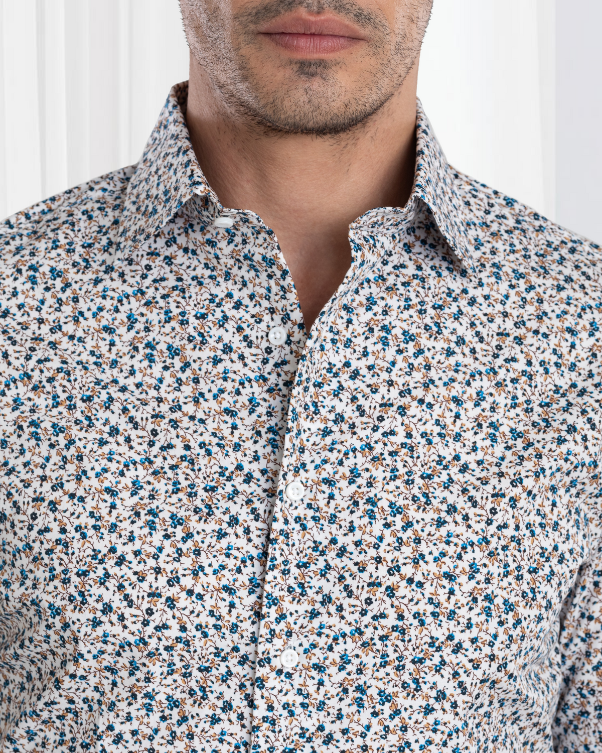 Blue Fine Floral Prints on White Shirt - 3