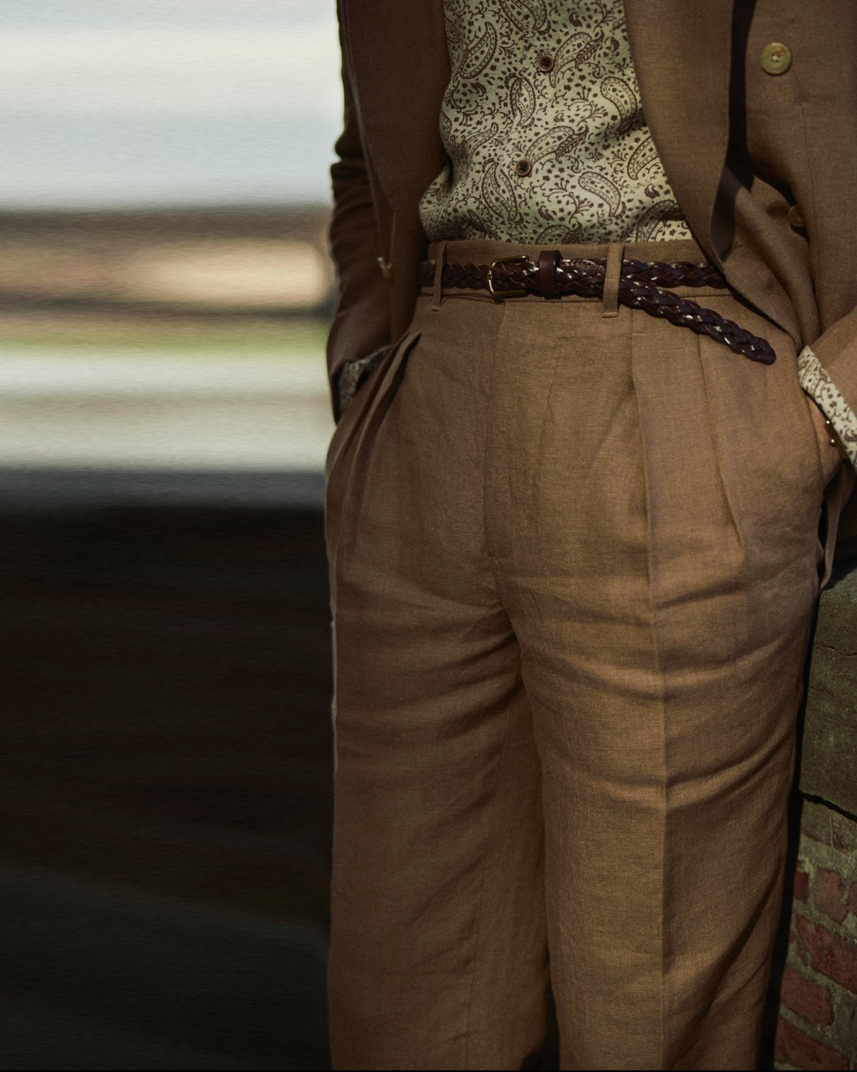 Pleated Linen Fresco Golden Brown Dress Pant - 1