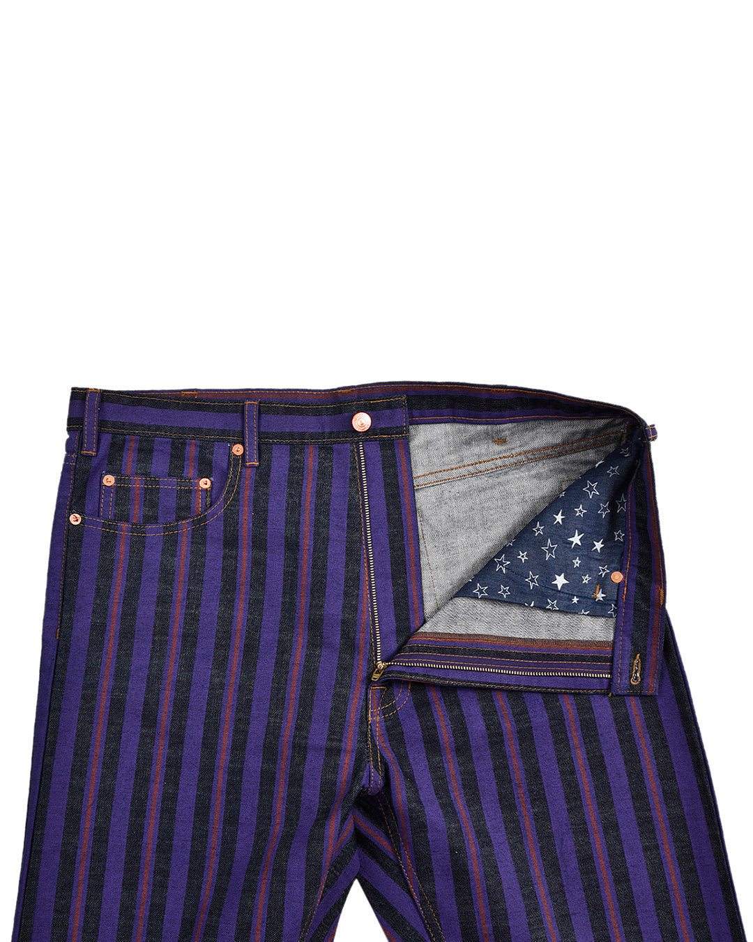 Purple Stripes On Indigo Denim Jeans