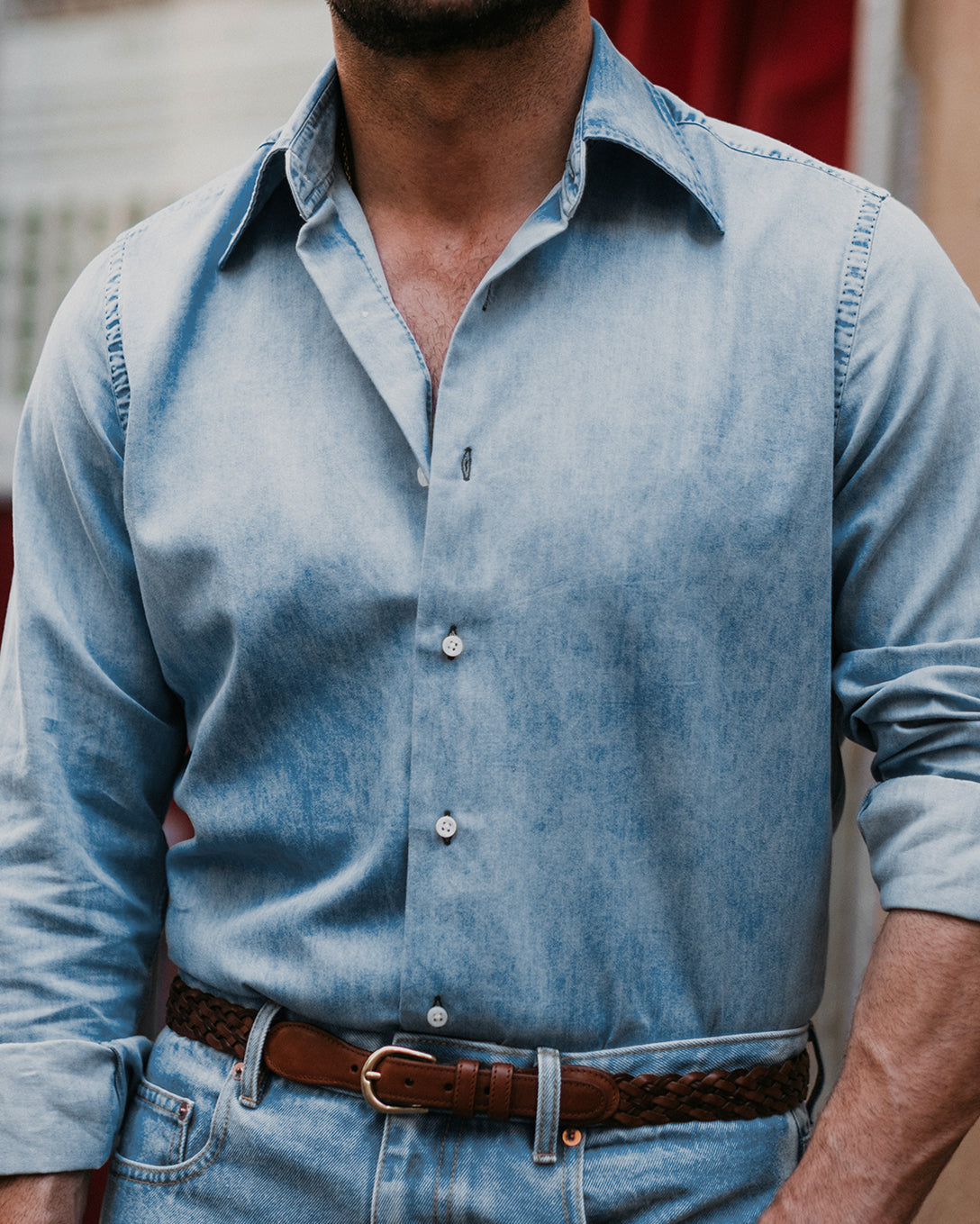 Fade Washed Light Blue Denim Chambray Shirt - 1
