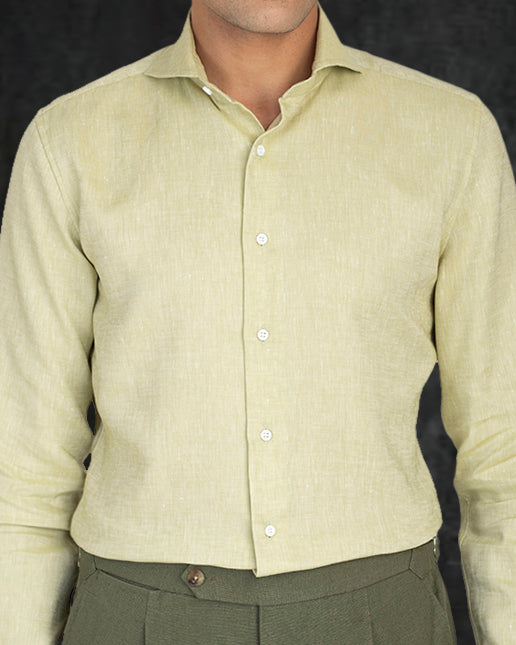 Light Olive Green Slub Linen Shirt - 1