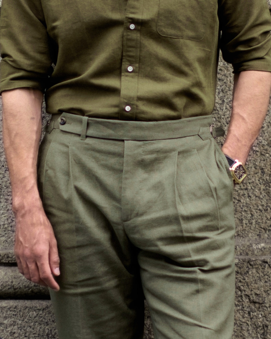 Linen Fresco Olive Green Dress Pant - 1