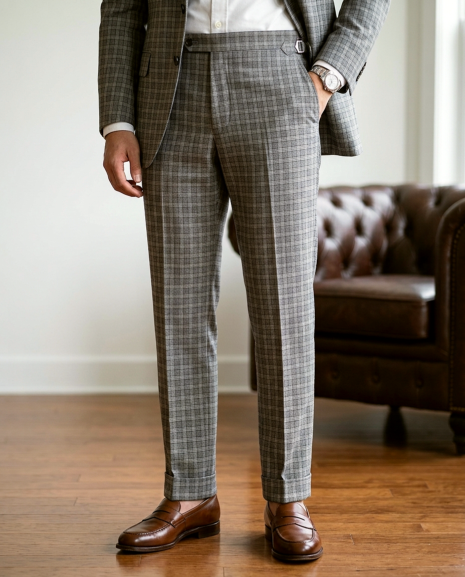 Scabal Linen Olive Green Tattersall Checks Pants - 1