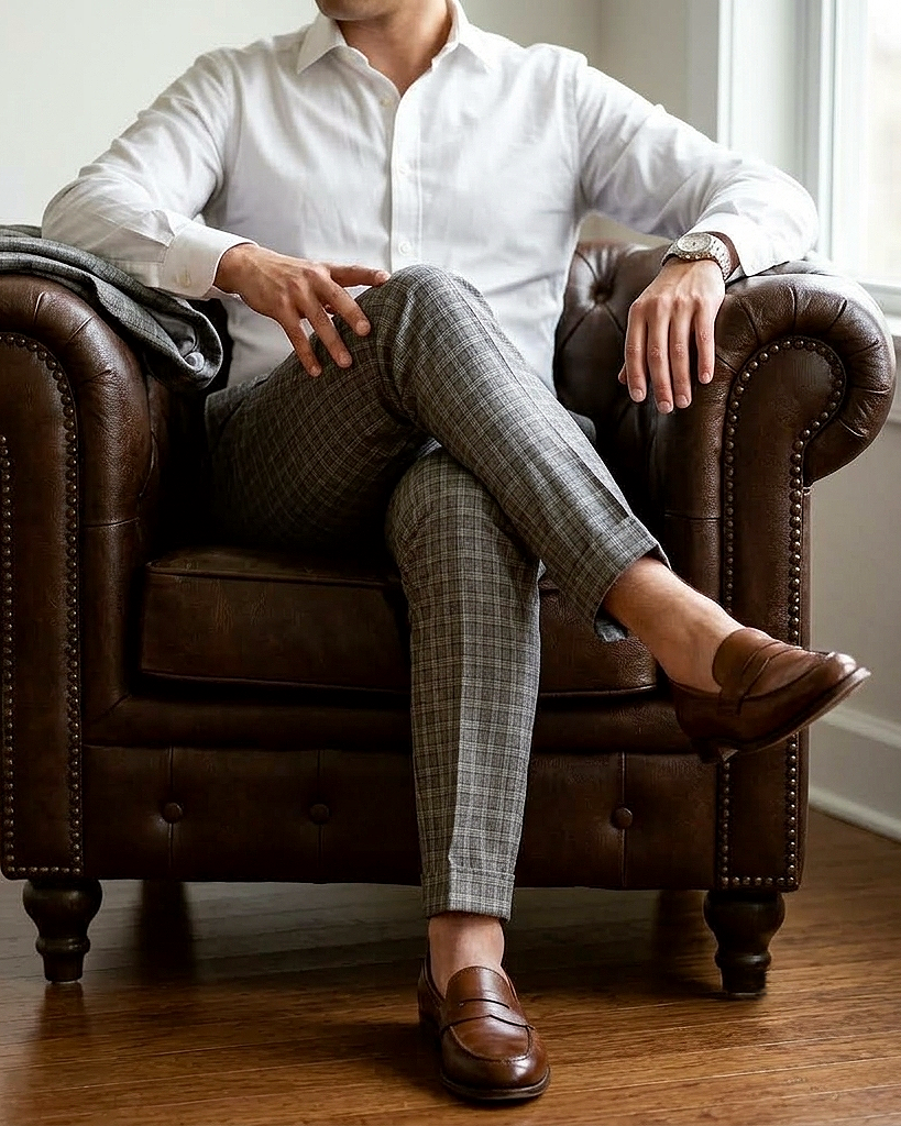 Scabal Linen Olive Green Tattersall Checks Pants - 3