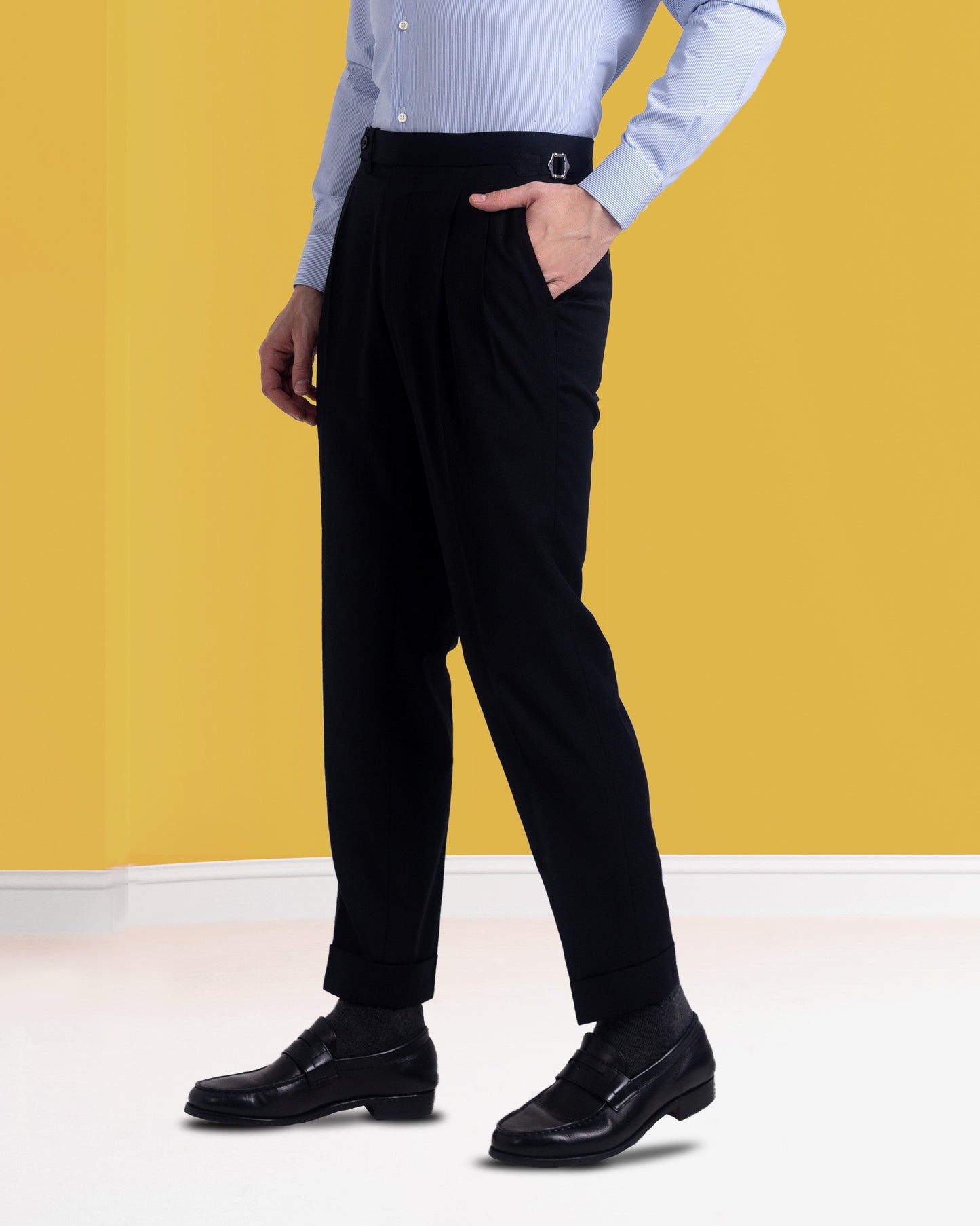 Pleated Black Washable Wool Pant