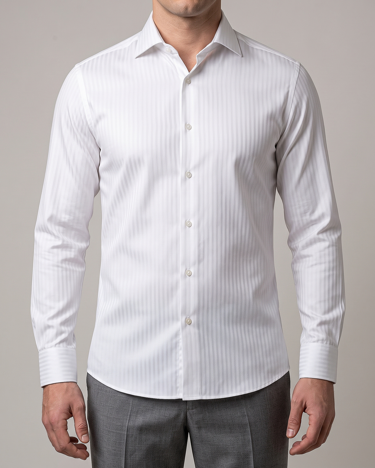 Nevron Wrinkle-Resistant White Self Stripes Herringbone Shirt - 1