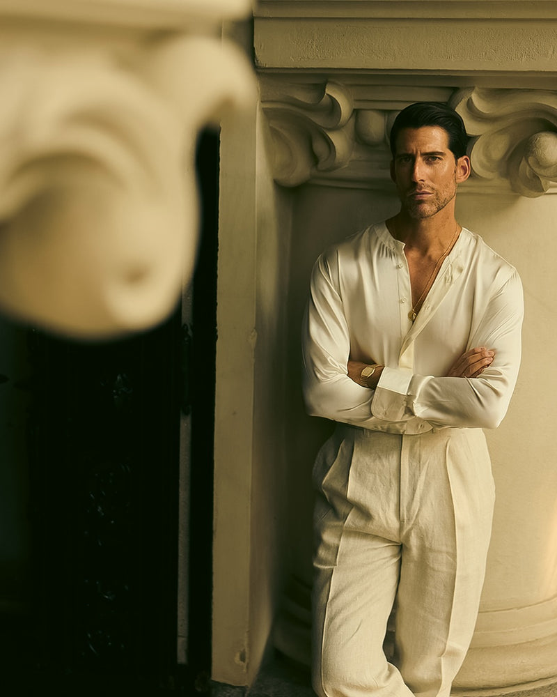 Cream Silk Band Collar Shirt